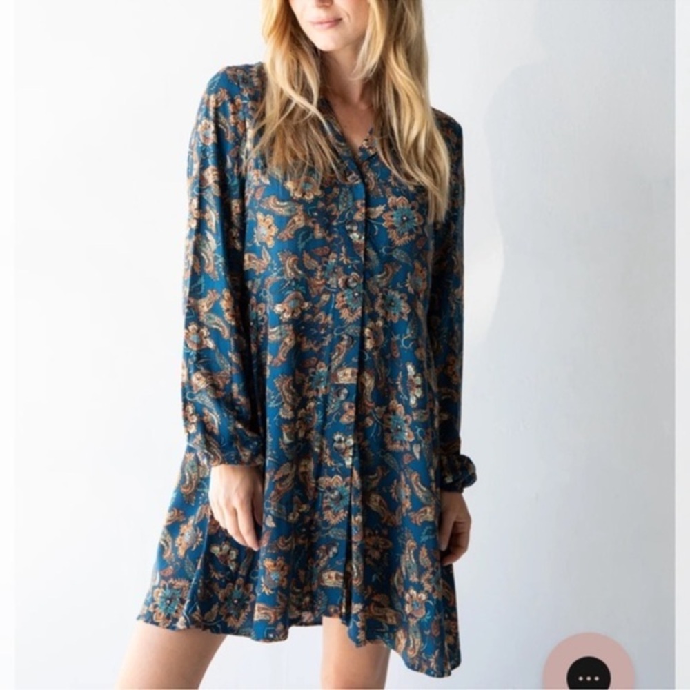 NATURAL LIFE Ansley Paisley Blue and Brown Long Sleeve Dress size small